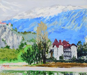 Widok na zamek nad alpejskim jeziorem autorstwa Jukyong Park