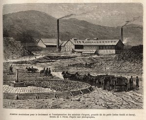 meksykańskie arastry (obszar deptany przez stopy mułów, jak deptanie blesów) do mielenia i łączenia rud srebra (fabryki Gould i Curry) w okolicach Virginia City (Nevada), grawerowanie według rysunku J.Ferata , ilustracje autorstwa Jules (after) Ferat