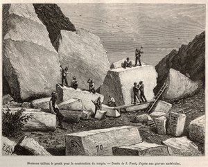 Mormon rzeźbiony granit do budowy świątyni. Grawer na podstawie rysunku J.Ferata, aby zilustrować historię La conquete blanche, Williama Hepwortha Dixona, w 1875, opublikowany w „” Le tour du monde””” 1876, pod redakcją Edouarda Chartona, wyd. Hachette, Pa autorstwa Jules (after) Ferat