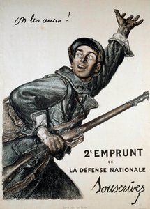 Pierwsza wojna światowa (1914-1918): plakat autorstwa Abla Faivre (1867-1945) dotyczący pożyczki państwowej. Żołnierz namawia publiczność do podpisania się pod nim „Zdobędziemy ich!” - 2. Loan de la Defense Nationale - Subskrybuj” autorstwa Jules Abel Faivre