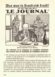 Niemiecka propaganda przedstawiająca pierwszą stronę francuskiej gazety z karykaturą przedstawiającą premiera Raymonda Poincare jedzącego dzieci Zagłębia Ruhry podczas francuskiej okupacji regionu