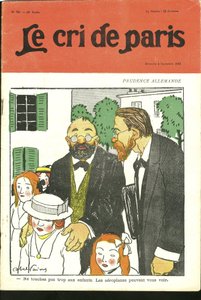 Ilustracja autorstwa Abla Faivre (1867-1945) do okładki Le Cri de Paris, 4.09.10 - „” Nie dotykaj zbyt wiele dzieci, samoloty cię widzą. „” - Niemcy Prusy, Lotnictwo autorstwa Jules Abel Faivre