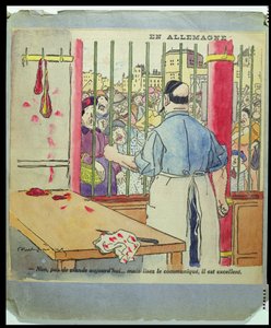 „Nie, dziś nie ma mięsa… ale przeczytaj komunikat, jest znakomicie”, karykatura głodu w Niemczech, ok. 1917 autorstwa Jules Abel Faivre