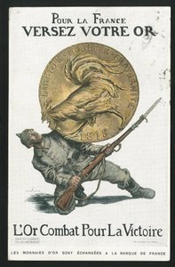 Pocztówka, Satyryka en Kolory, ok. 1915: Za Francję, Wlej swoje złoto - Wojna 14-18, Niemcy Prusy, Srebro, Wojownicy i symbole, Zwycięstwo, Pożyczki, Podróże patriotyczne - Kogut - Ilustracja autorstwa Abla Faivre