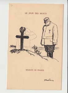Pocztówka, Satyryka w N & B, ca. 1915: Dzień Zmarłych - Wojna 14-18, Mourning Obseques Funerailles - Joffre, Żołnierze Ilustracja Abela Faivre