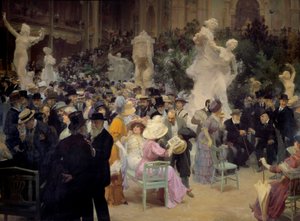 Belle epoque: „”Piątek w Salon des artistes français”” Członkowie paryskiej burżuazji spotykają się przy okazji imprez towarzyskich. Szczegół. Obraz Julesa Alexandre Gruna (1868-1934) 1911 Nd. 3,6x6,16 m Rouen, Musee des Beaux Arts