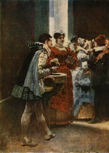 Przy wejściu do kościoła Panurge podaje wodę kobiecie. Pantagruel. Ilustracja autorstwa Julesa Garniera. W "Rabelais et l
