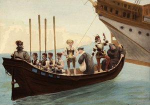 Łódź w porcie na wyspie Papimania. Od prawej do lewej: mnich, sokolnik, adwokat, winiarz z Orleanu. Pantagruel. Ilustracja autorstwa Julesa Garniera. W "Rabelais et l