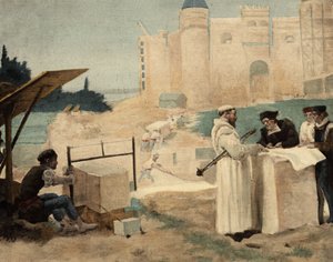 Brat Jean, mnich z opactwa Seuille, nadzorujący budowę opactwa Theleme. Gargantua. Ilustracja autorstwa Julesa Garniera. W "Rabelais et l