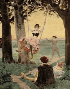 Mężczyźni i kobiety grający w brandelle. Gargantua. Ilustracja Julesa Garniera. W "Rabelais et l
