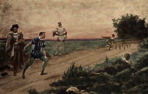 Mężczyźni grający w kręgle. Gargantua. Ilustracja Julesa Garniera. W "Rabelais et l