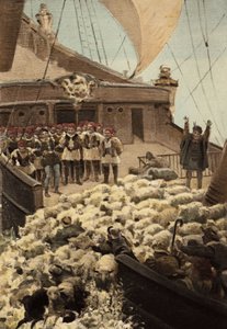 Owce z Panurge: na łodzi Dindenaut (Dindenault), owce i kupcy rzucający się do morza. Pantagruel. Ilustracja Julesa Garniera. Rabelais i twórczość Julesa Garniera autorstwa Jules Arsene Garnier