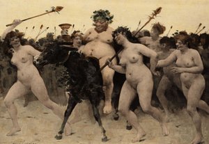 Sileneus (Silene) na osiołku prowadzący armię Bachusa (Dionizosa, Bacco) podczas bitwy między Bachusem (Dyonisosem, Bacco) a Hindusami. Mozaika w Świątyni Butelki. Pantagruel. Ilustracja Julesa Garniera. W "Rabelais et l