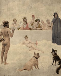 Bóg ogrodów Priapus przed radą bogów. W centrum Iupiter (Jowisz, Zeus). Po jego lewej stronie Bachus (Dionizos, Bacco). Na dole pies i lis. Pantagruel. Ilustracja Julesa Garniera. W "Rabelais et l