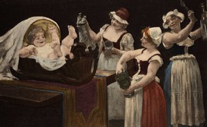 Gospodynie z Gargantui zabawiają dziecko hałasując szklankami i butelkami. Gargantua. Ilustracja Julesa Garniera. W "Rabelais et l