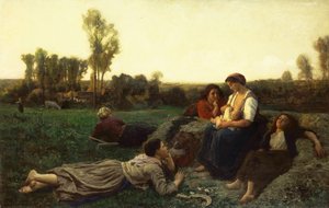 Sianokosy w spoczynku; Reszta przetrząsaczy, 1873 autorstwa Jules Breton