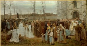 Założenie procesji kalwaryjskiej przed bretońskim kościołem. Obraz Julesa Bretona (1827-1906) 1858 Nd. 1,35x2,5 m Lille, musee des Beaux Arts - Wznoszenie Kalwarii. Procesja przed bretońskim kościołem. Obraz Julesa Bretona (1827-1906) 1858 autorstwa Jules Breton
