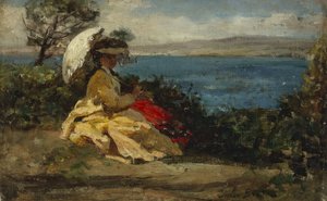 Kobieta z parasolem, zatoka Douarnenez, między 1870 a 1875 (olej na płótnie) autorstwa Jules Breton
