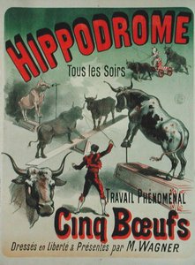 Plakat reklamujący przedstawienie "Cinq Boeufs" w Hipodromie (litografia kolorowa) autorstwa Jules Cheret