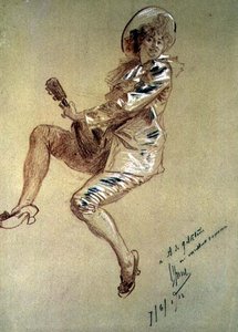 Siedząca Pierrette, grająca na mandolinie autorstwa Jules Cheret