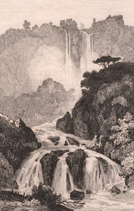 Widok wodospadu Marmore (Cascata delle Marmore) w pobliżu Terni, Umbria, Włochy, staloryt według rysunku Julesa Coigneta (1798-1860), ok. 14x20 cm
