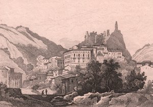 Widok Nicastro, Kalabria, Włochy, staloryt Dunaime na podstawie rysunku Julesa Coigneta (1798-1860), ok. 13x10 cm