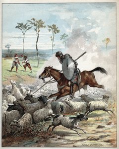 Don Kichot zabija owce myśląc, że są rycerzami - Don Kichot na koniu przebija owce, które bierze dla rycerzy - Ilustracja Jules David (1808-1892) z Histoire de Don Kichot (Don Kichot) - 1887 - Miguel de Cervantes Saavedra (1547) -1616)