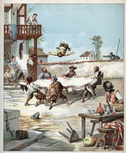 W Inn Sancho Pansa jest poturbowany, wzywa swojego mistrza Don Kichota, aby mu pomógł - W hotelu des gaillards robią voltigera Sancho Pansę z kocem, Sancho wzywa, aby pomóc swojemu mistrzowi Don Kichotowi - Ilustracja Julesa Davida (1808-1892) z Historia autorstwa Jules David