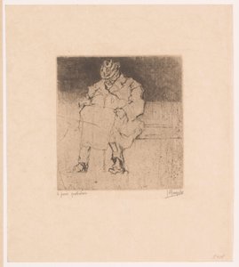 Starszy pan z laską siedzący na ławce Le pain quotidien (tytuł na obiekcie) autorstwa Jules De Bruycker (signed by artist)