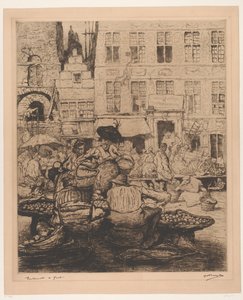 Pejzaż miejski z targiem owoców w Gandawie Targ owocowy w Gandawie (tytuł na obiekcie) autorstwa Jules De Bruycker (signed by artist)