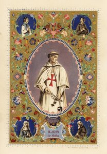 Portret św. Jana z Mathy, założyciela Zakonu Trójcy Przenajświętszej, z aureolą, w szatach krzyżowców, trzymającego kajdany uwolnionych chrześcijan autorstwa Jules Desportes