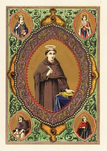 Portret św. Tomasza z Akwinu, z aureolą, gęsim piórem i Biblią, w ozdobnej ramce z liści i złocenia autorstwa Jules Desportes