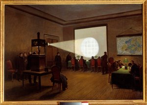 Projekcja mikrofilmów w telegrafii centralnej w listopadzie 1870 r. Obraz Jules Didier