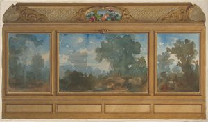Elewacja wnętrza boazerią ozdobionego malowanymi pejzażami i zatoczkami z..., 1830-97. Twórcy: Jules-Edmond-Charles Lachaise, Eugène-Pierre Gourdet. autorstwa Jules Edmond Charles Lachaise and Eugène Pierre Gourdet
