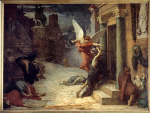 Plaga w Rzymie Alegoryczne przedstawienie kwiatu przebijającego się przez drzwi. Obraz Jules Elie Delaunay (1828-1891) 1869. Wym. 1,31 x 1,76 m Paryż, musee d