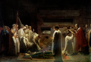 Męczennicy w katakumbach chrześcijańskiego zgromadzenia religijnego na pogrzebie pierwszych chrześcijan w Rzymie. Obraz Julesa Lenepveu (1819-1898) 1855 Nd. 1,7x3,36 m Paryż, musee d