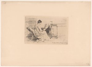 Kobieta z wentylatorem na niskim krześle autorstwa Jules Ferdinand Jacquemart (attributed to)