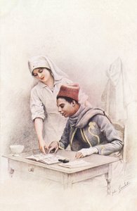 Lekcja czytania. Pocztówka „Wojna narodów” przedstawiająca pielęgniarkę Czerwonego Krzyża uczącą się czytać senegalskiemu szewcowi