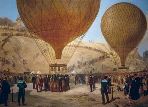 Leon Gambetta odlatuje balonem Armand-Barbes podczas oblężenia Paryża, z Place Saint-Pierre na Montmartre 7 października autorstwa Jules and Guiaud Jacques Didier