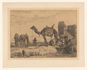 Krajobraz z wielbłądami w ruinie Sous les murs de Tehran (Pers) autorstwa Jules Joseph Augustin Laurens (signed by artist)