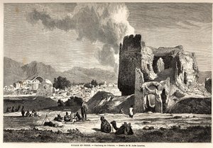 Przedmieścia Teheranu (dzisiejszy Iran). Rysunek Julesa Laurensa (1825-1901), ilustrujący podróż Arthura Gobineau do Persji w latach 1855-1858. Rycina w „” Le tour du monde, nouveau journal des voyages”” Paryż