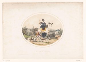 Szlachcianka z sokołem na koniu Powrót do zamku (tytuł na obiekcie) autorstwa Jules Marie Desandre