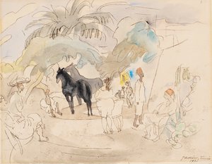 Figury i dwa konie w krajobrazie, 1921 (wc na papierze) autorstwa Jules Pascin