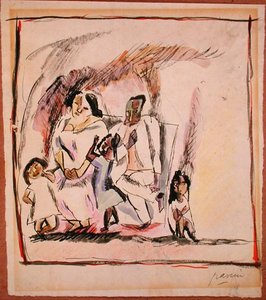 Matka, tata i troje dzieci (akwarela na papierze) autorstwa Jules Pascin