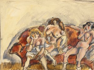Trzy kobiety na czerwonej kanapie (wc na papierze) autorstwa Jules Pascin