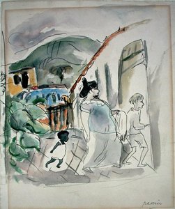 Kobieta i dwoje dzieci (akwarela na papierze) autorstwa Jules Pascin