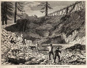 Roszczenie lub warsztat górniczy w Kalifornii, rysunek Julesa Pelcoqa, ilustrujący historię podróży barona de Wogana do Kalifornii w latach 1850-1852. Grawerowanie w „”Le tour du monde, nouveau journal des voyages””Paryż autorstwa Jules Pelcoq