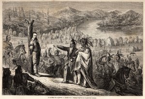 Słup wojenny, baron Wogan schwytany przez Indian z plemienia Timpabaches, znajduje się na brzegach San Juan, odnogi rzeki Rio Grande, narysowany przez Julesa Pelcoqa, aby zilustrować historię podróży barona de Wogan do Kalifornia w latach 1850-185 autorstwa Jules Pelcoq