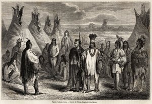 Rodzaje Crees Indians of Canada, rysunek Pelcoq, ilustrujący eksplorację Gór Skalistych w latach 1857-59 przez kapitana Johna Pallisera. Grawerowanie w „”Le tour du monde, nouveau journal des voyages””Paryż