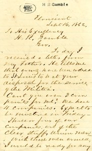 List podpisany Julian Bates, Florissant, do Jego Ekscelencji HR Gamble, 16 września 1862 autorstwa Julian Bates